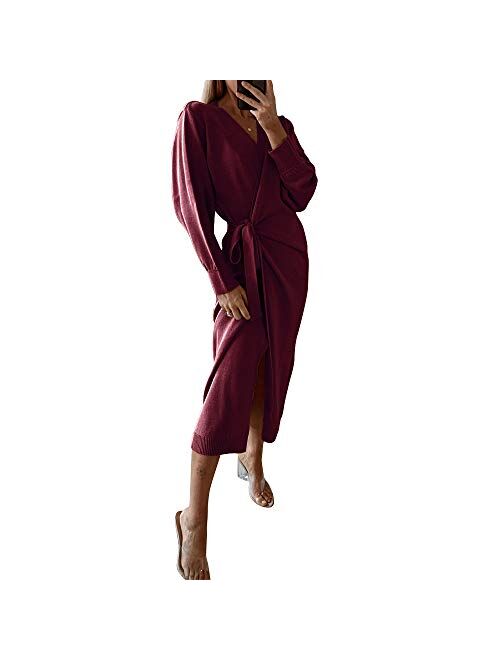 EXLURA Womens Knit Sweater Dress Casual Solid Long Sleeve Wrap Maxi Dresses with Belt