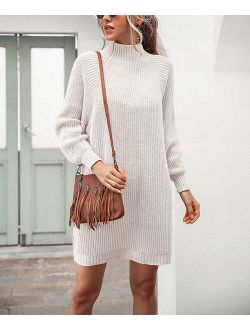 Lapentry White Ribbed Mock Neck Sweater Dress - Women