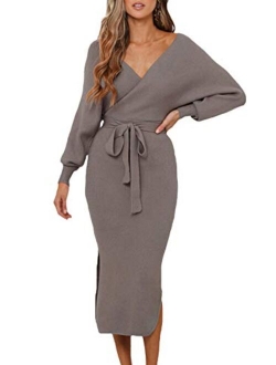 Linsery Women Wrap Sweater Dress Elegant V Neck Long Batwing Sleeve Slim Fit Slit Knit Long Dress with Belt