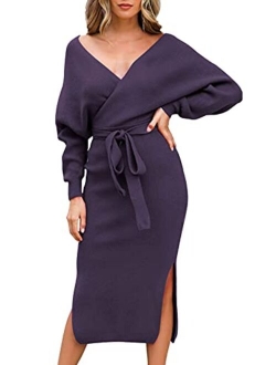 Linsery Women Wrap Sweater Dress Elegant V Neck Long Batwing Sleeve Slim Fit Slit Knit Long Dress with Belt