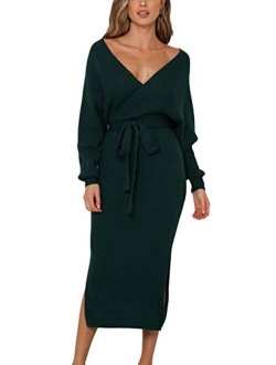 Linsery Women Wrap Sweater Dress Elegant V Neck Long Batwing Sleeve Slim Fit Slit Knit Long Dress with Belt