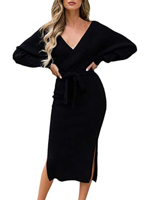 Linsery Women Wrap Sweater Dress Elegant V Neck Long Batwing Sleeve Slim Fit Slit Knit Long Dress with Belt