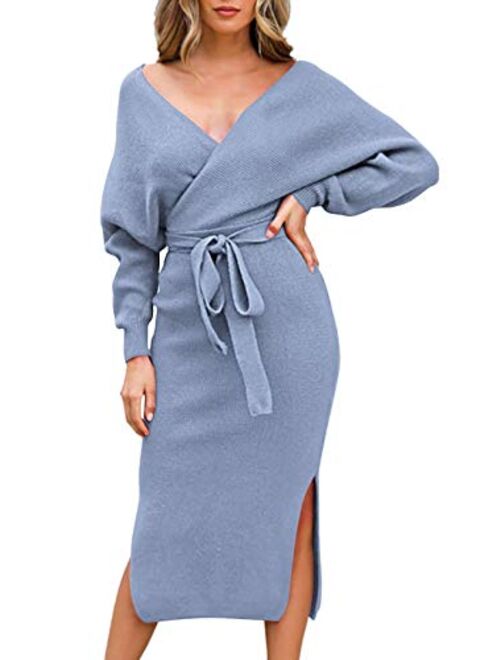 Linsery Women Wrap Sweater Dress Elegant V Neck Long Batwing Sleeve Slim Fit Slit Knit Long Dress with Belt