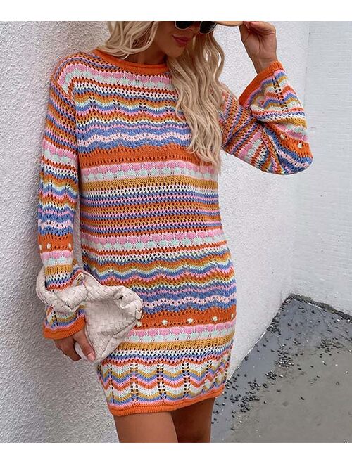 Vrkufie Orange & Blue Pointelle Stripe Sweater Dress - Women