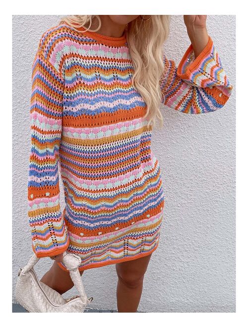 Vrkufie Orange & Blue Pointelle Stripe Sweater Dress - Women