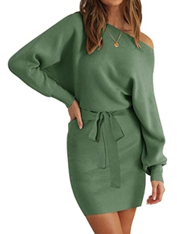 YORGOS Women's Long Batwing Sleeve Off Shoulder Sweater Dress Ribbed Knit Belted Bodycon Mini Dresses