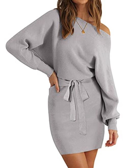 YORGOS Women's Long Batwing Sleeve Off Shoulder Sweater Dress Ribbed Knit Belted Bodycon Mini Dresses