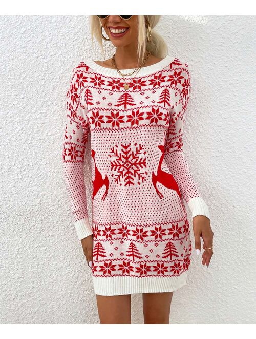 ZOWODO Red & White Fair Isle Sweater Dress - Women