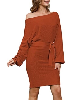 Meenew Women's Off Shoulder Sweater Dress Ribbed Tie Waist Short Bodycon Dress