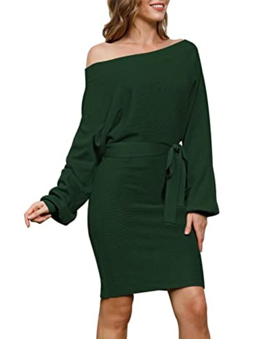 Meenew Women's Off Shoulder Sweater Dress Ribbed Tie Waist Short Bodycon Dress