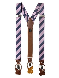 Men's College Stripe Y-Back Suspenders Braces Convertible Leather Ends and Clips