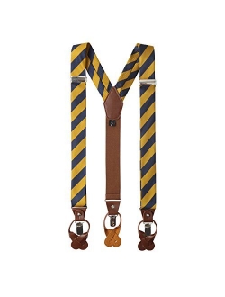 Men's College Stripe Y-Back Suspenders Braces Convertible Leather Ends and Clips