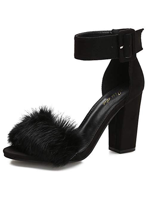 Women's Chunky Block Heel Faux Fur Sandals Open Toe Dress Ankle Strap Fashion Dress Wedding Sexy High Heeled Pumps