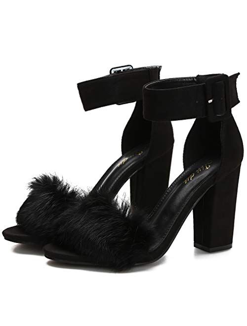 Women's Chunky Block Heel Faux Fur Sandals Open Toe Dress Ankle Strap Fashion Dress Wedding Sexy High Heeled Pumps