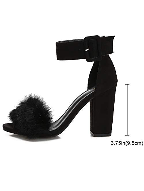 Women's Chunky Block Heel Faux Fur Sandals Open Toe Dress Ankle Strap Fashion Dress Wedding Sexy High Heeled Pumps