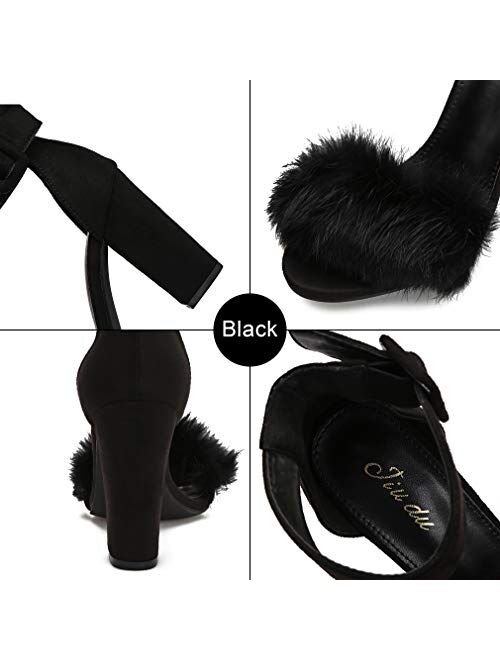 Women's Chunky Block Heel Faux Fur Sandals Open Toe Dress Ankle Strap Fashion Dress Wedding Sexy High Heeled Pumps