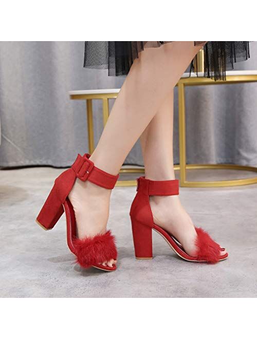 Women's Chunky Block Heel Faux Fur Sandals Open Toe Dress Ankle Strap Fashion Dress Wedding Sexy High Heeled Pumps