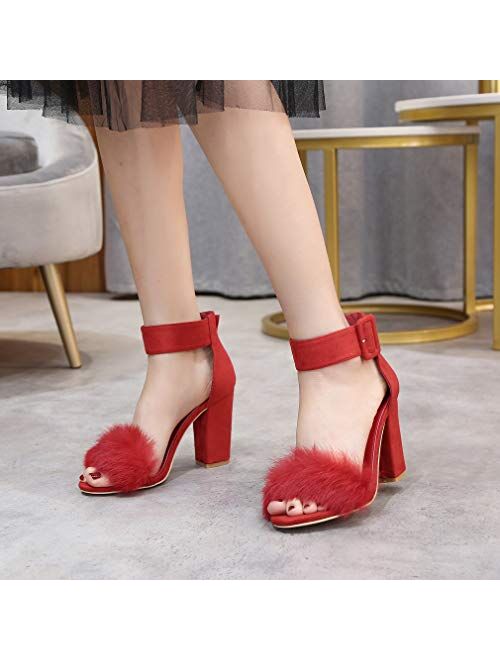 Women's Chunky Block Heel Faux Fur Sandals Open Toe Dress Ankle Strap Fashion Dress Wedding Sexy High Heeled Pumps