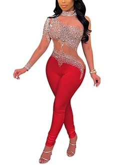 WOKANSE Women One Piece Outfits Sexy Mesh See Through Rhinestone One Shoulder Bodycon Trousers Romper Back Zip Jumpsuit