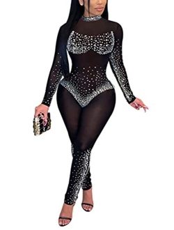 WOKANSE Women One Piece Outfits Sexy Mesh See Through Rhinestone One Shoulder Bodycon Trousers Romper Back Zip Jumpsuit