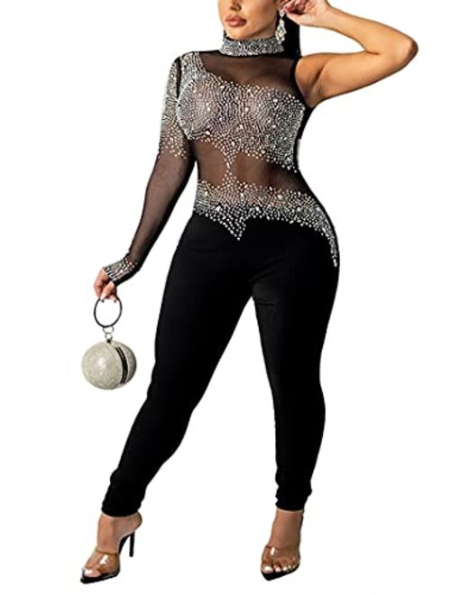 WOKANSE Women One Piece Outfits Sexy Mesh See Through Rhinestone One Shoulder Bodycon Trousers Romper Back Zip Jumpsuit