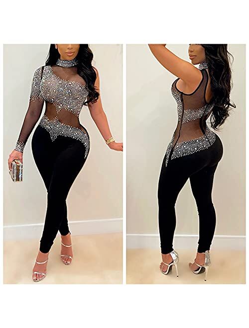 WOKANSE Women One Piece Outfits Sexy Mesh See Through Rhinestone One Shoulder Bodycon Trousers Romper Back Zip Jumpsuit