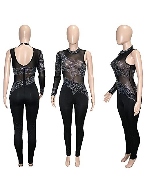 WOKANSE Women One Piece Outfits Sexy Mesh See Through Rhinestone One Shoulder Bodycon Trousers Romper Back Zip Jumpsuit