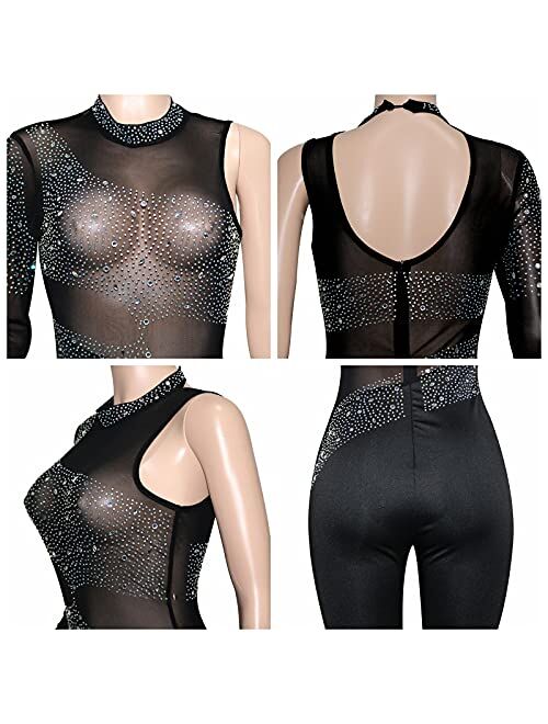 WOKANSE Women One Piece Outfits Sexy Mesh See Through Rhinestone One Shoulder Bodycon Trousers Romper Back Zip Jumpsuit