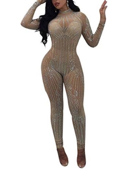 MS Mouse Womens Sexy Mesh See Through Rhinestone Bodycon Club Jumpsuit Romper