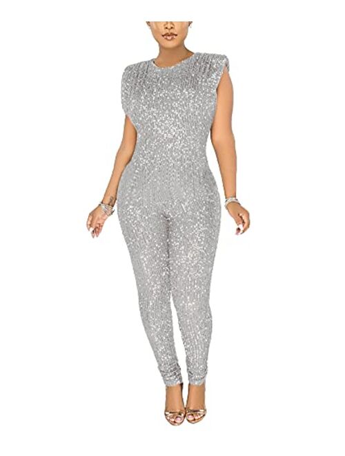 THLAI Women Sexy Glitter Sequins Sparkling Jumpsuits Sleeveless Metallic Shiny One Piece Outfits Romper Clubwear Playsuit