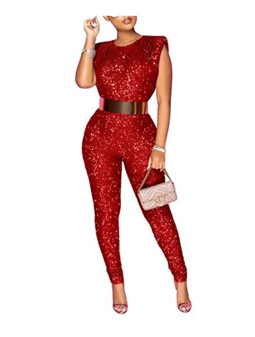 THLAI Women Sexy Glitter Sequins Sparkling Jumpsuits Sleeveless Metallic Shiny One Piece Outfits Romper Clubwear Playsuit