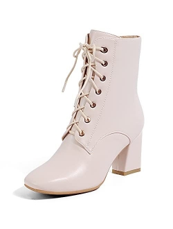 Women's Square Toe Ankle Boots Low Block Heel Fashion Short Boots Lace Up Side Zipper Booties Shoes