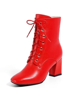 Women's Square Toe Ankle Boots Low Block Heel Fashion Short Boots Lace Up Side Zipper Booties Shoes