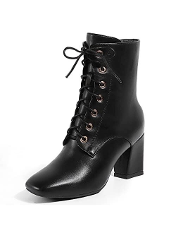 Women's Square Toe Ankle Boots Low Block Heel Fashion Short Boots Lace Up Side Zipper Booties Shoes