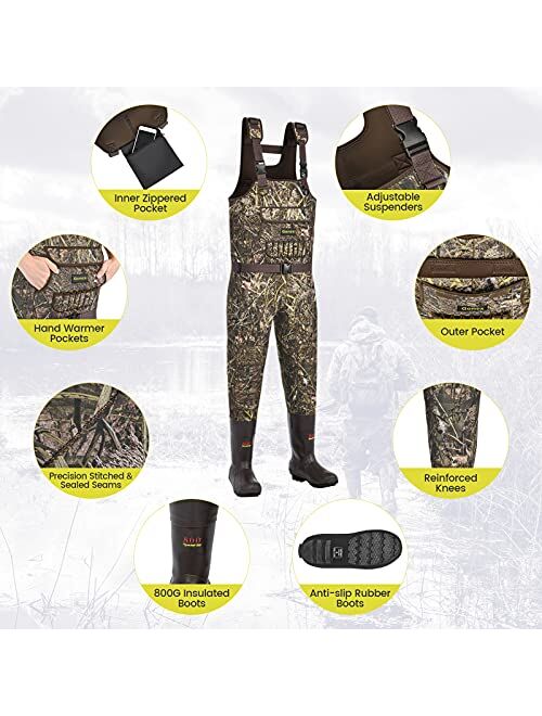 Gonex Neoprene Chest Waders with 600G/800G Insulated Boots, 100% Waterproof Breathable Insulated Brown/Camo Fishing Waders for Men Women Bootfoot Waders for Duck Hunting 