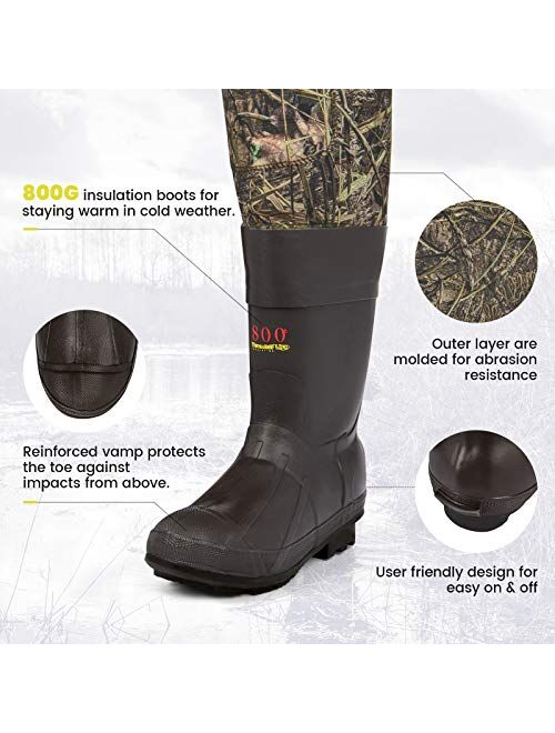 Gonex Neoprene Chest Waders with 600G/800G Insulated Boots, 100% Waterproof Breathable Insulated Brown/Camo Fishing Waders for Men Women Bootfoot Waders for Duck Hunting 