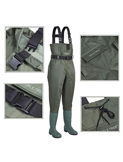 TRIPLE TREE Chest Wader for Men with Boots, Waterproof Fishing Waders Breathable Nylon Waders with a Big Pocket and Drawstring Design for Fly Fishing, Hunting and Emergen