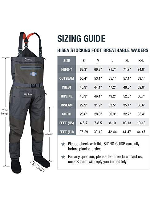 HISEA Fly Fishing Chest Waders Breathable Stocking Foot Wader Without Boots for Men Women