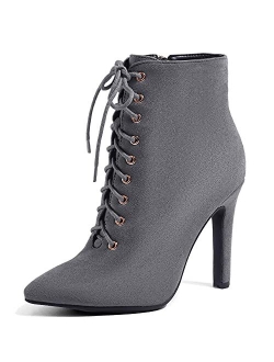 Women's Fashion High Heel Stiletto Ankle Boots Pointed Toe Side Zipper Lace Up Booties Dress Shoes for Women