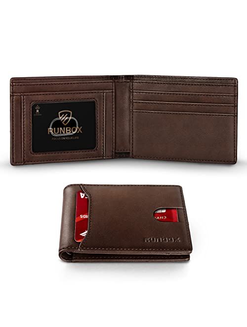 Runbox Leather Bifold Wallets for Men with Rfid Blocking Large Capacity ID's Window Front Pocket Mens Wallet