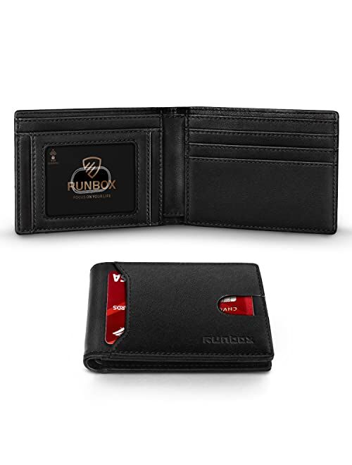 Runbox Leather Bifold Wallets for Men with Rfid Blocking Large Capacity ID's Window Front Pocket Mens Wallet