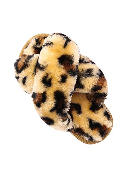 ISZPLUSH Fluffy Slippers Kids' Fuzzy Slippers Sandals Leopard Tie Dye Cross Band Plush Open Toe Slip on House Bedroom Slippers