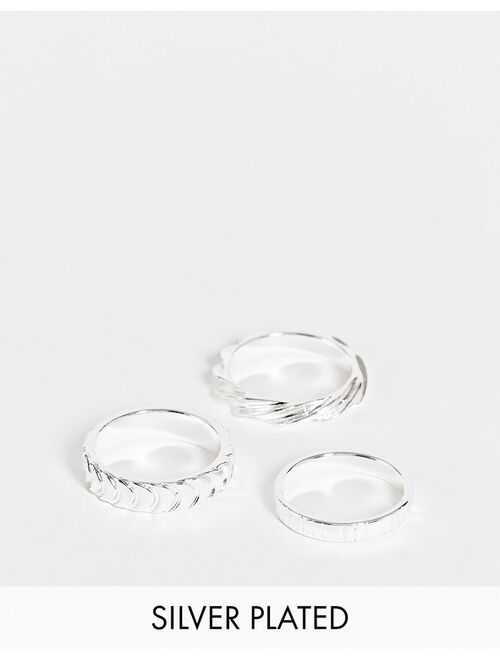 Asos Design 3 pack band ring set with line detail in real silver plate