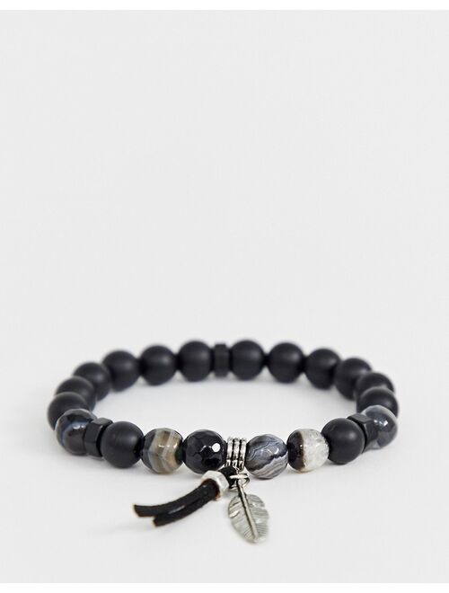 Asos Design beaded bracelet with agate stones and feather detail in black