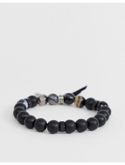 Asos Design beaded bracelet with agate stones and feather detail in black