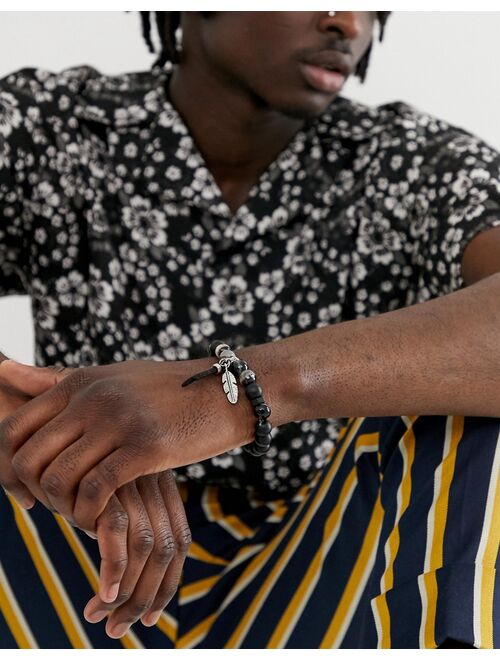 Asos Design beaded bracelet with agate stones and feather detail in black