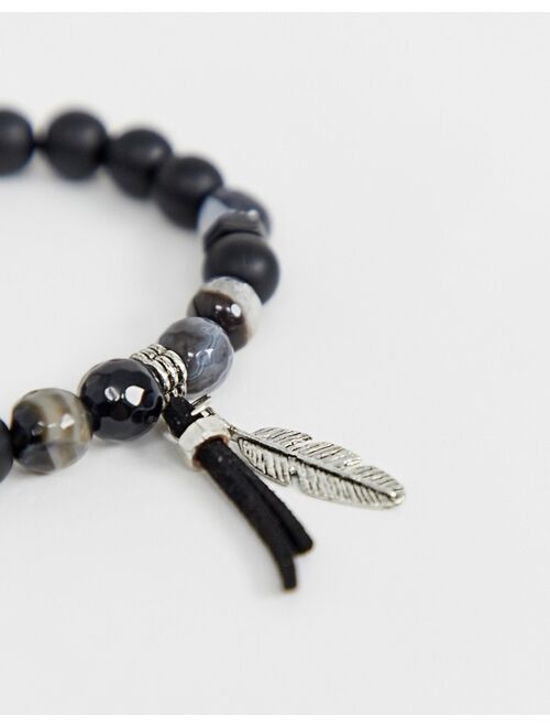 Asos Design beaded bracelet with agate stones and feather detail in black