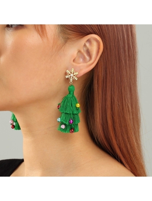 OFGOT7 Lightweight Christmas Tree Tassel Beaded Earrings, Bohemian Dangle Drop Green Earrings, Twined with Colored Beads Earring for Women Girls Gift