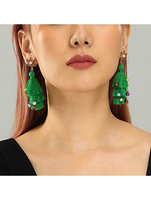 OFGOT7 Lightweight Christmas Tree Tassel Beaded Earrings, Bohemian Dangle Drop Green Earrings, Twined with Colored Beads Earring for Women Girls Gift