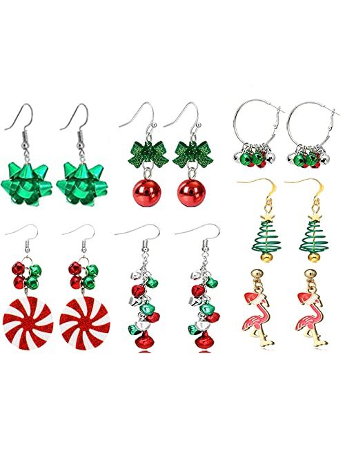 6/7/9/13/9Pairs Christmas Earrings for Women Holiday Earrings Bow Knot Snowflake Jingle Bell Reindeer Chrismtas Earrings for Girl Cute Xmas Party Gifts